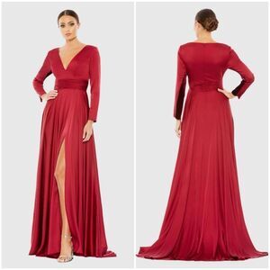 Ieena for Mac Duggal Red Long Sleeve Ruched Waist A-Line Gown Maxi Dress Size 10